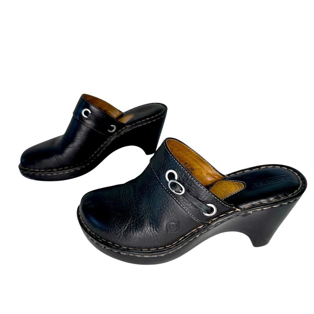 Born | Black Leather Women's Clogs Wedge Heel w/ Mini Buckle Accent | Size 8